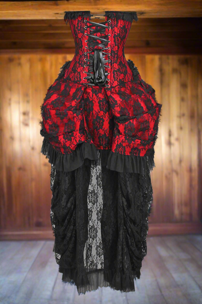 Red with Black Lace Overlay Bustle Corset Dress