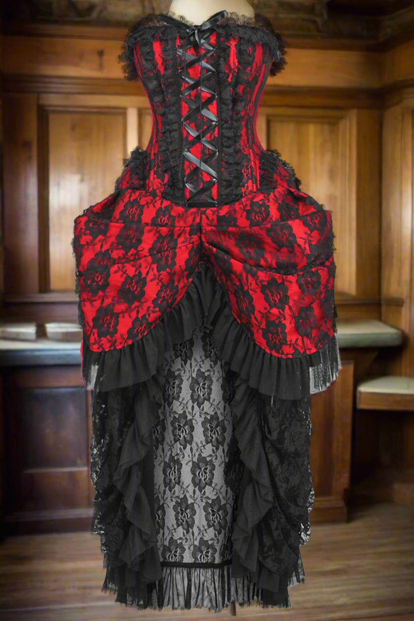 Red with Black Lace Overlay Bustle Corset Dress