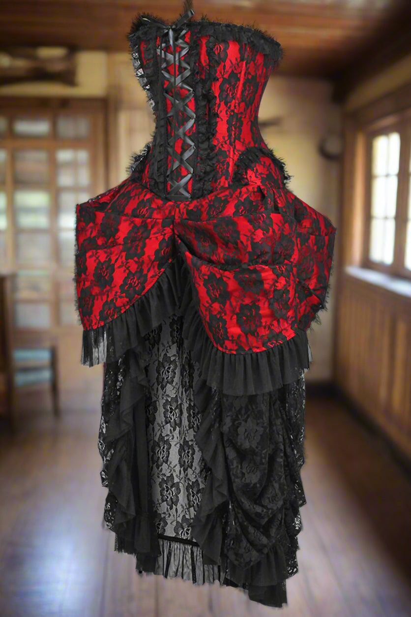 Red with Black Lace Overlay Bustle Corset Dress