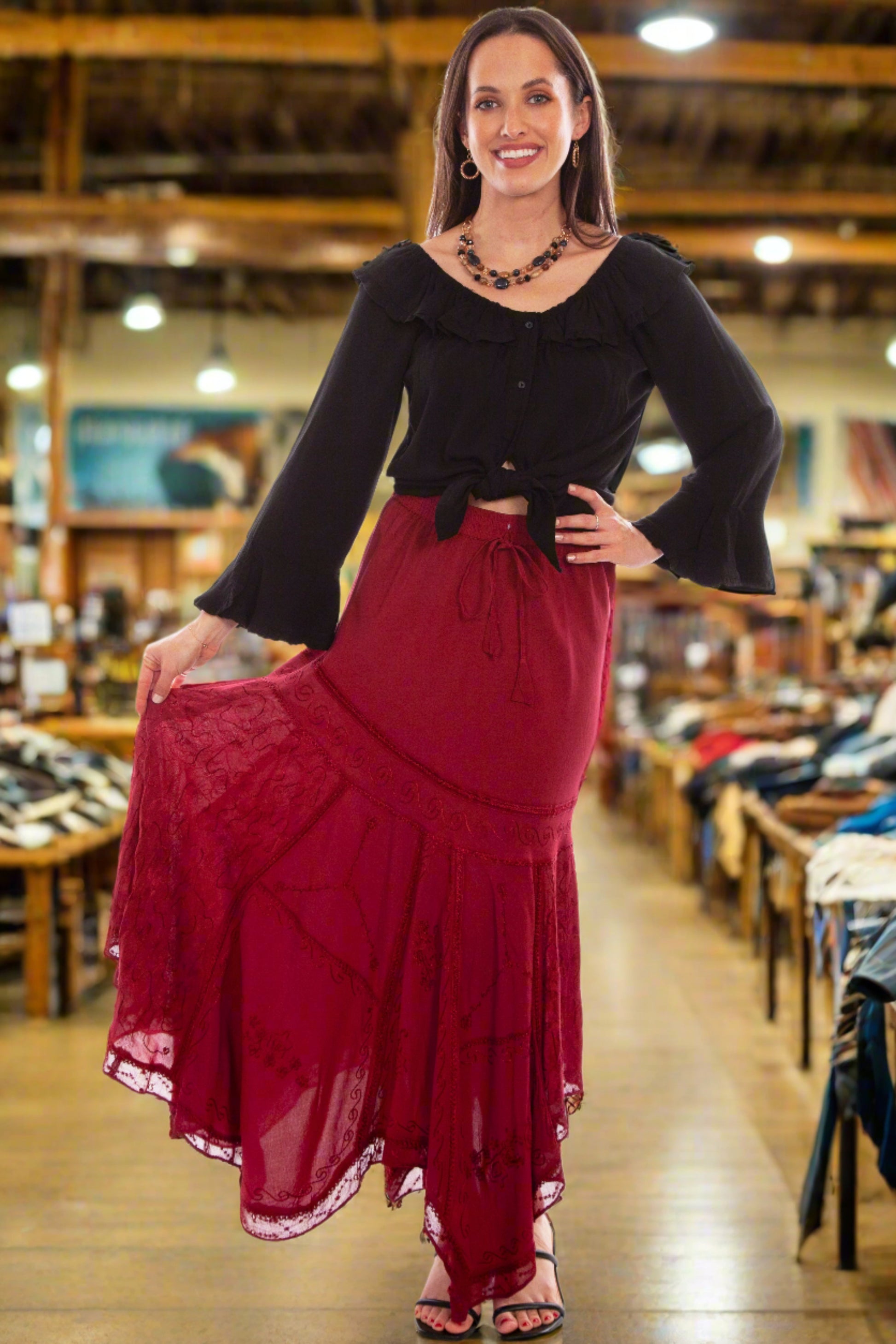 Beautifully Embroidered Honey Creek Long Skirt by Scully in Burgundy in Size XS, S, M, L, XL, or XXL