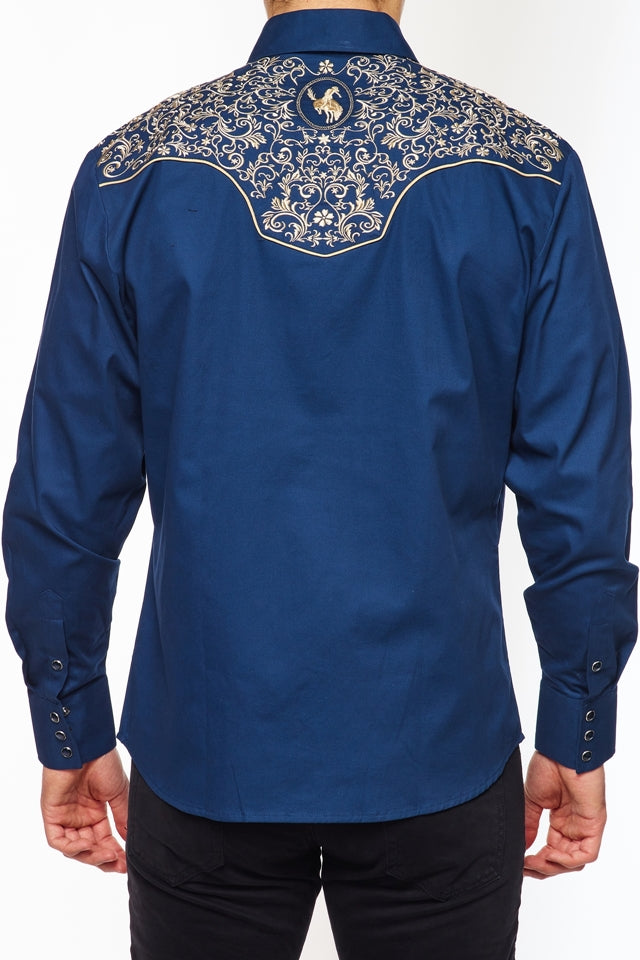 Gold Buckle Cowboy Embroidered Bareback Rider Shirt in Blue by Rodeo Clothing in Size M, L, XL, or XXL