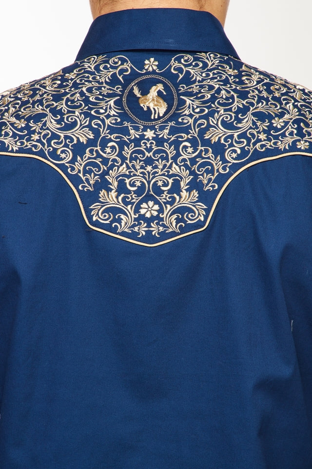 Gold Buckle Cowboy Embroidered Bareback Rider Shirt in Blue by Rodeo Clothing in Size M, L, XL, or XXL