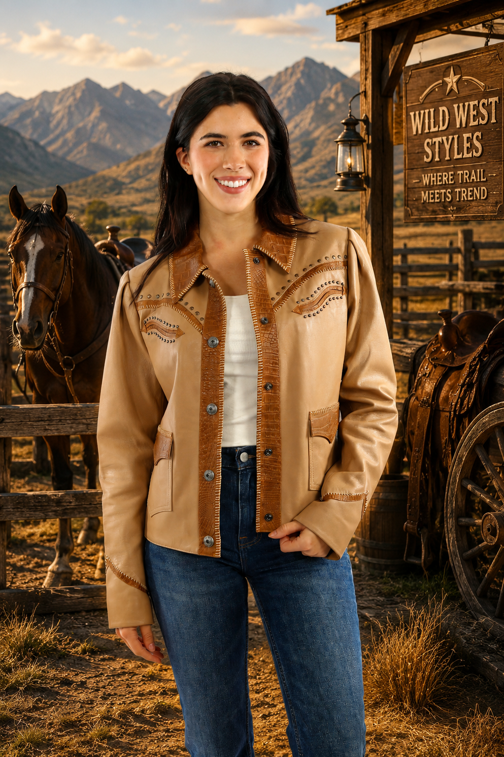 Spiced Honey Studded Trim Leather Jacket