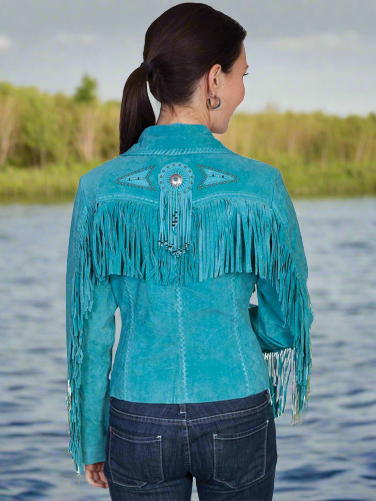 Honky Tonk Saturday Night Jacket with Fringe, Conchos, Concho Snaps and Beads by Scully in Turquoise or Old Rust in Size XS to XXL