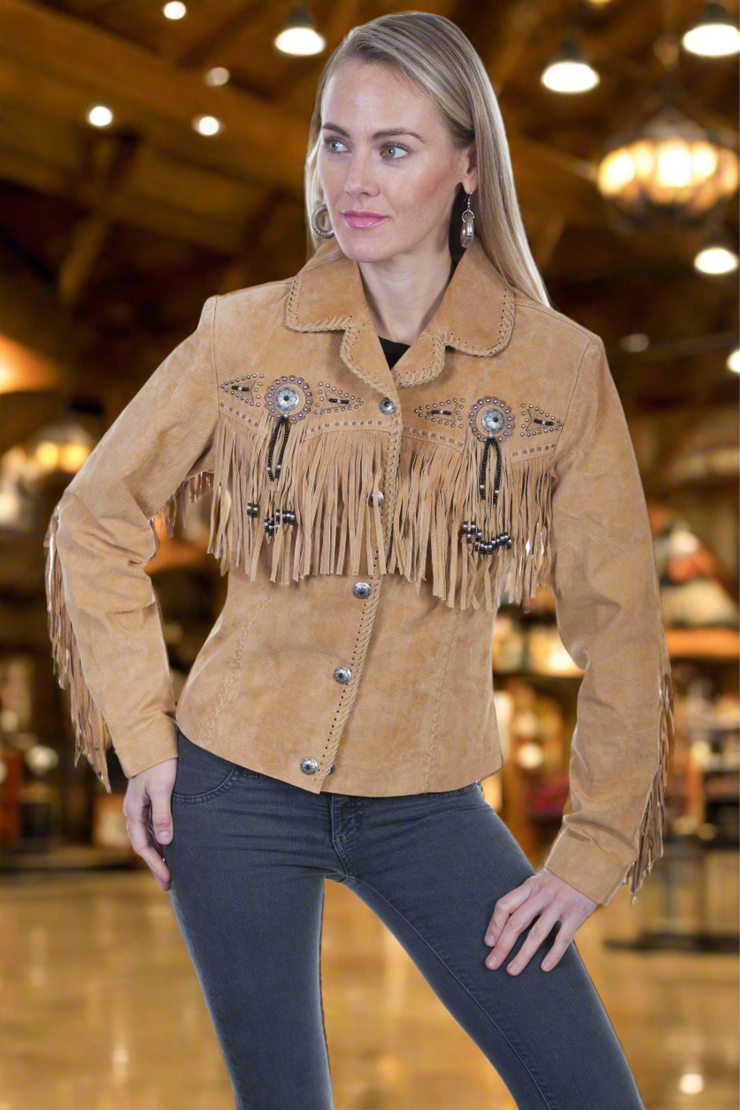 Honky Tonk Saturday Night Jacket with Fringe, Conchos, Concho Snaps and Beads by Scully in Turquoise or Old Rust in Size XS to XXL