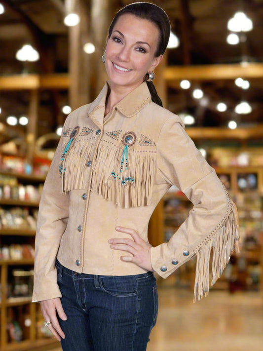 Honky Tonk Saturday Night Jacket with Fringe, Conchos, Concho Snaps and Beads by Scully in Black or Chamois Boar Suede in Size XS to XXL