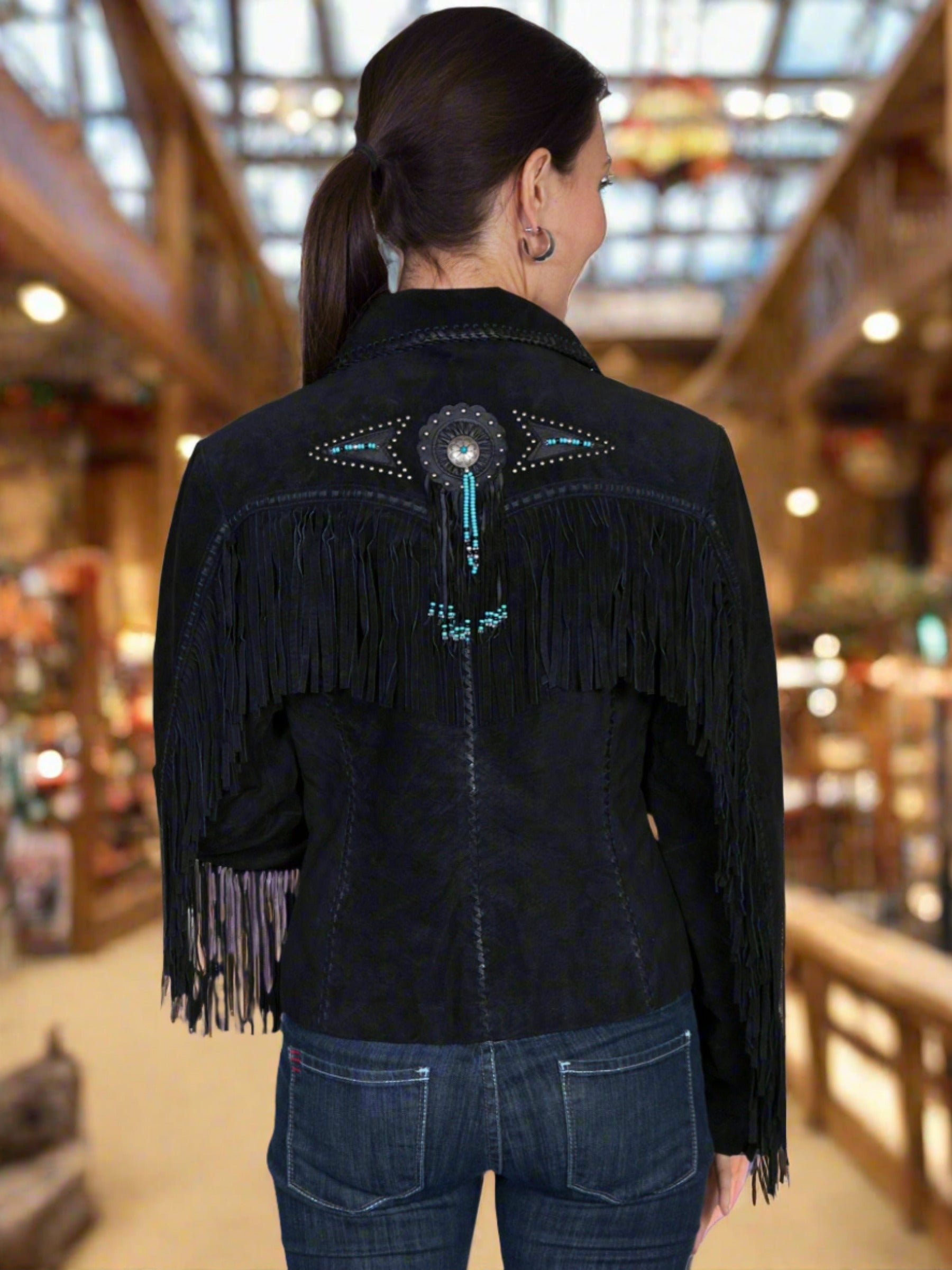 Honky Tonk Saturday Night Jacket with Fringe, Conchos, Concho Snaps and Beads by Scully in Black or Chamois Boar Suede in Size XS to XXL