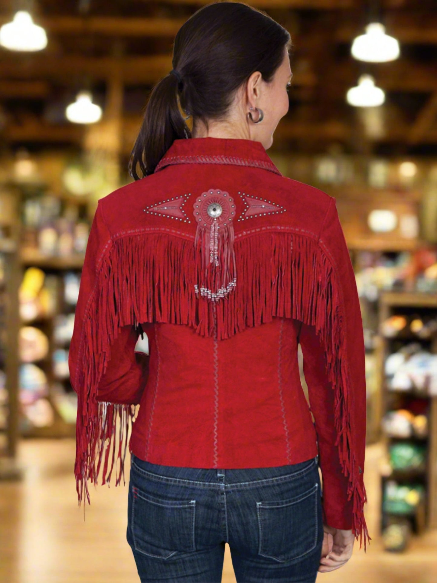 Honky Tonk Saturday Night Jacket with Fringe, Conchos, Concho Snaps and Beads by Scully in Red or Olive in Size XS to XXL