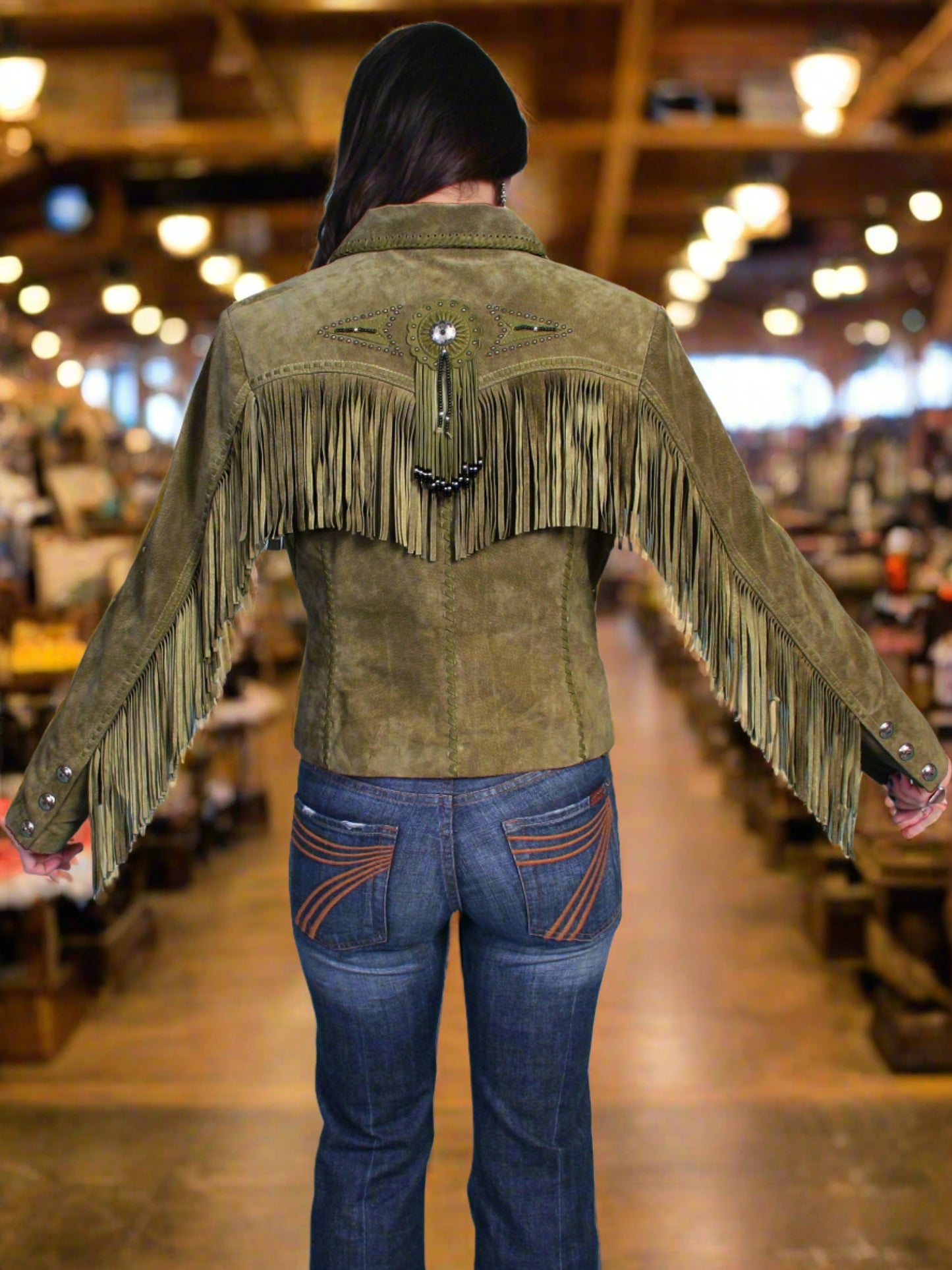 Honky Tonk Saturday Night Jacket with Fringe, Conchos, Concho Snaps and Beads by Scully in Red or Olive in Size XS to XXL