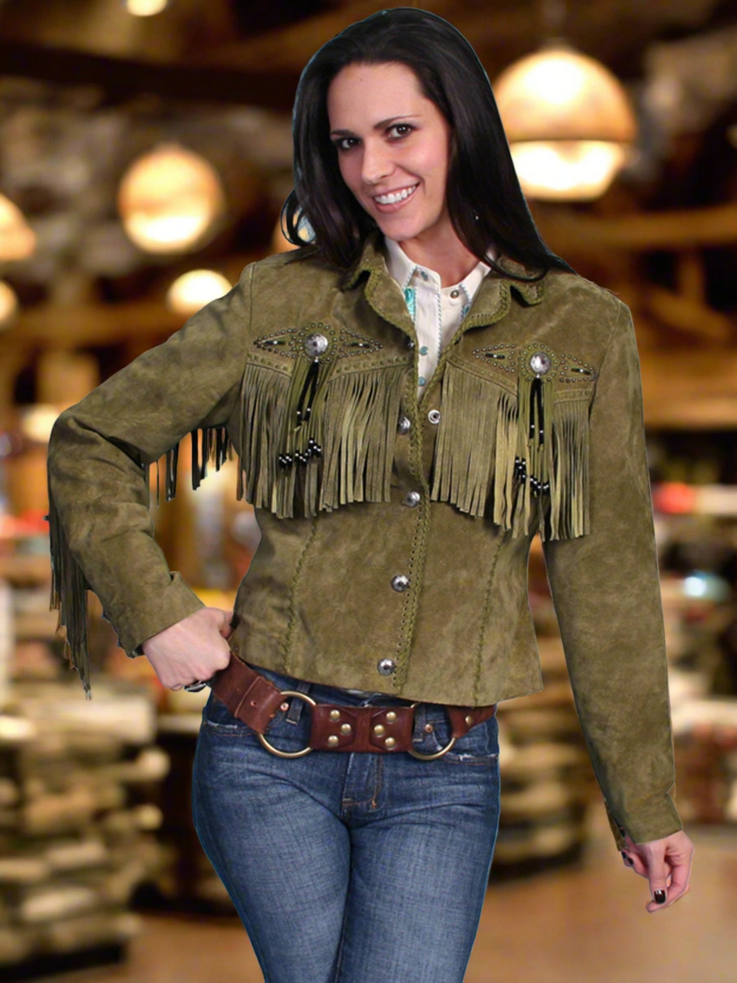 Honky Tonk Saturday Night Jacket with Fringe, Conchos, Concho Snaps and Beads by Scully in Red or Olive in Size XS to XXL