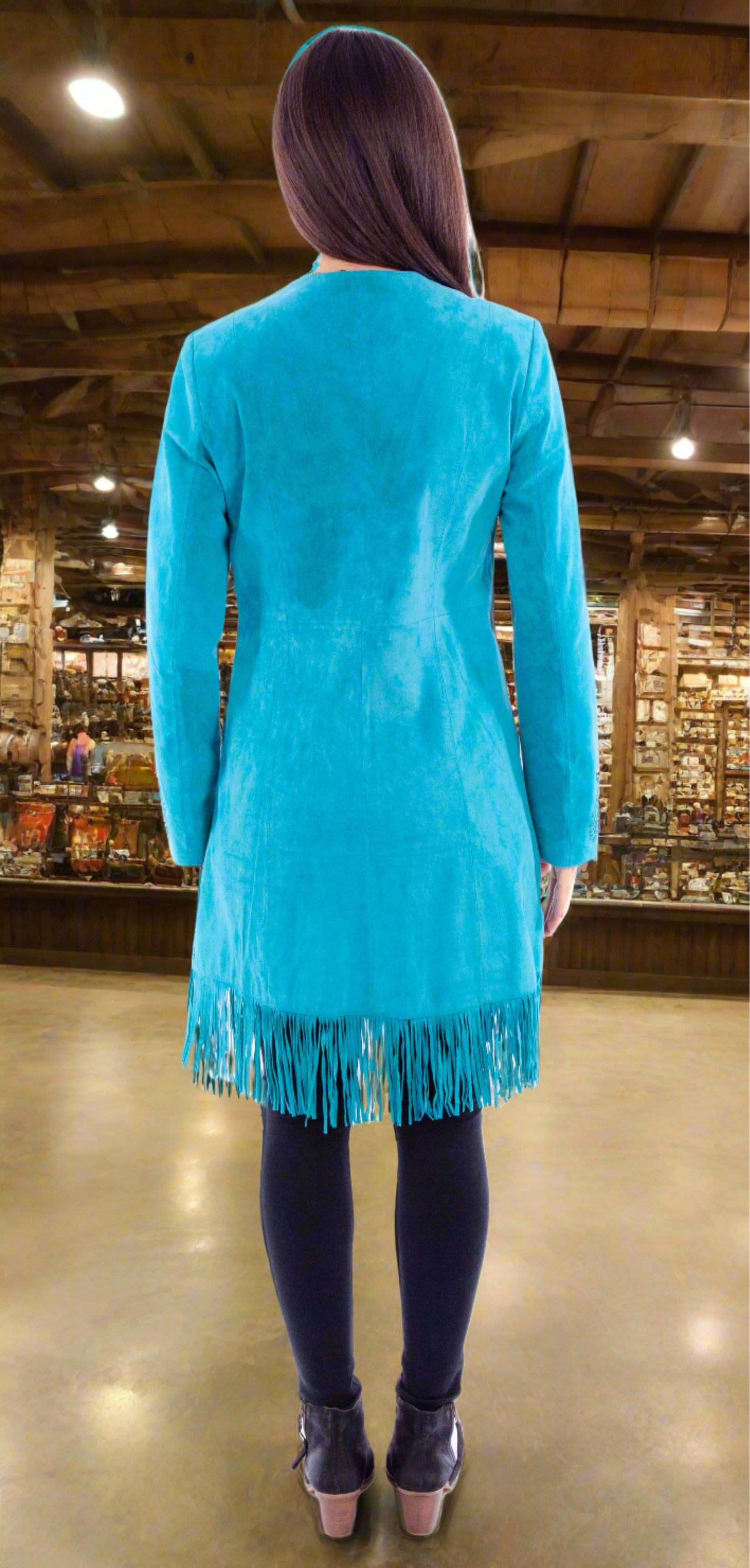 Embroidered Dark Turquoise Suede Coat with Beautiful Fringe by Scully in Size S, M, L, XL, or XXL