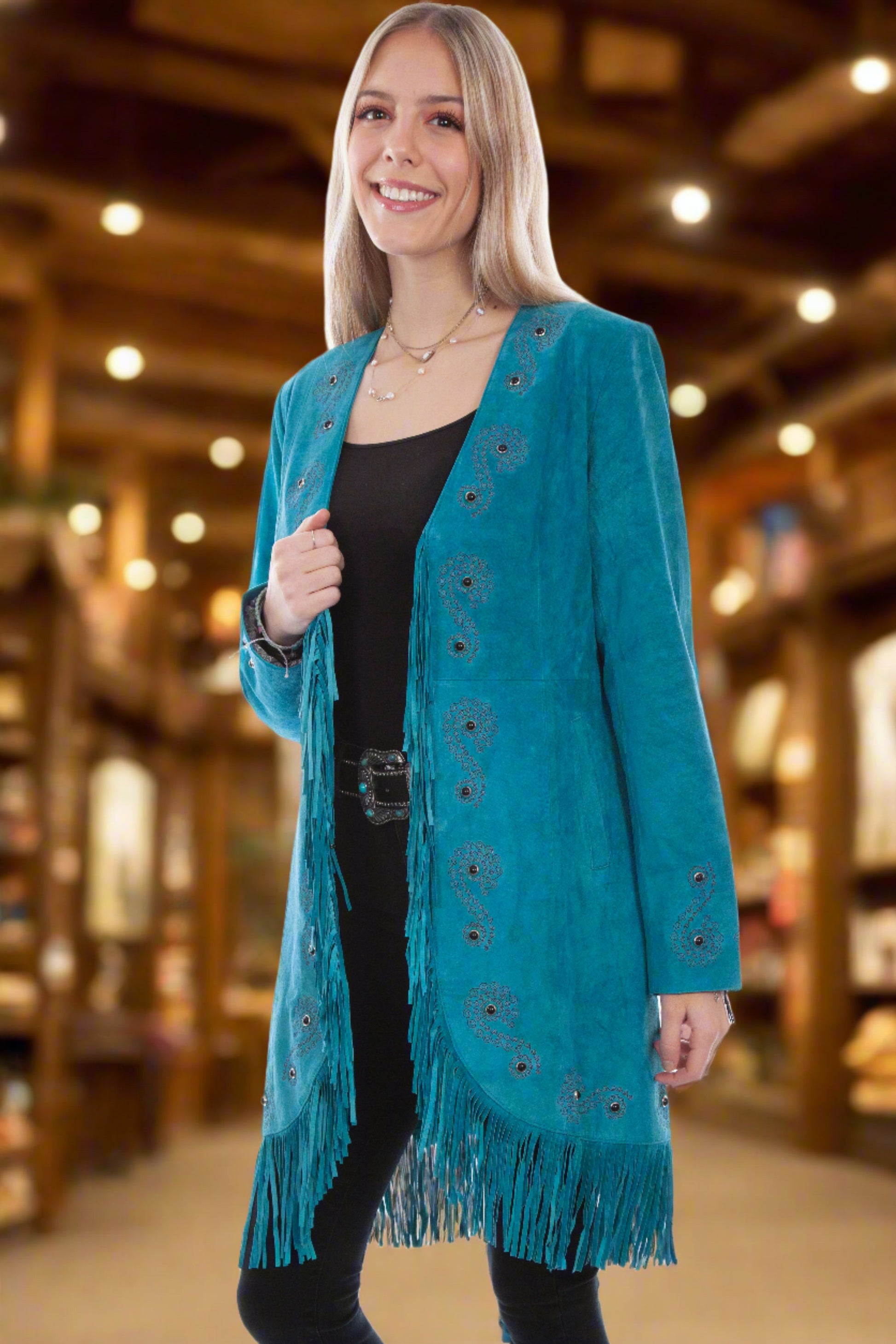 Embroidered Dark Turquoise Suede Coat with Beautiful Fringe by Scully in Size S, M, L, XL, or XXL