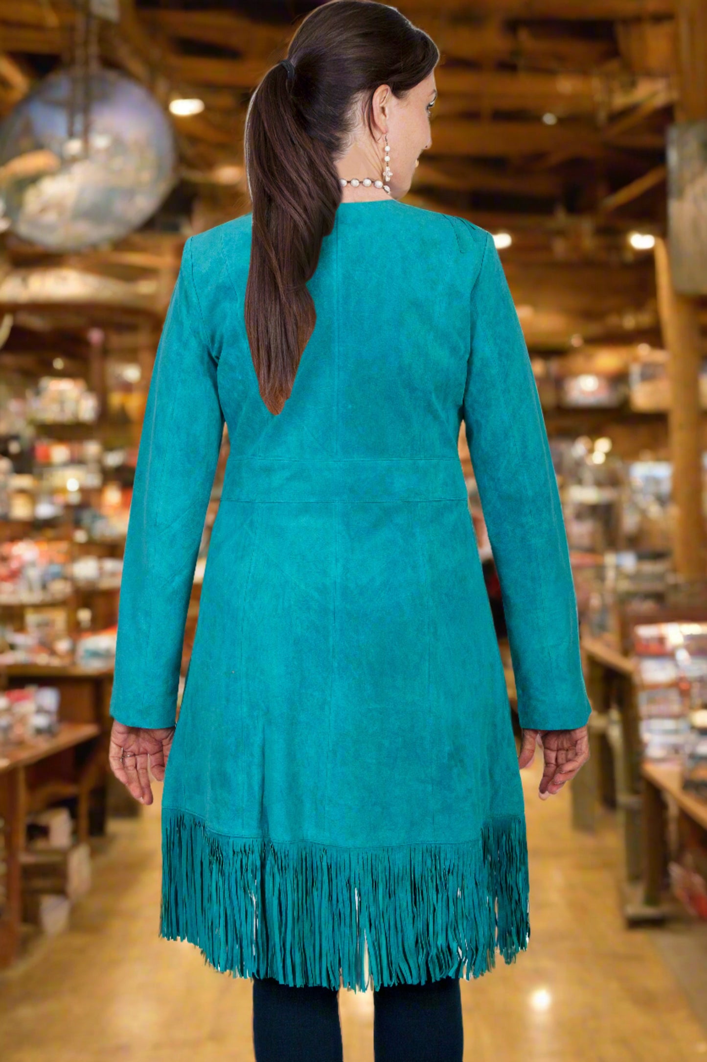 Dark Turquoise Suede Boar Fringe Maxi Coat by Scully in Size XS, S, M, L, XL, or XXL