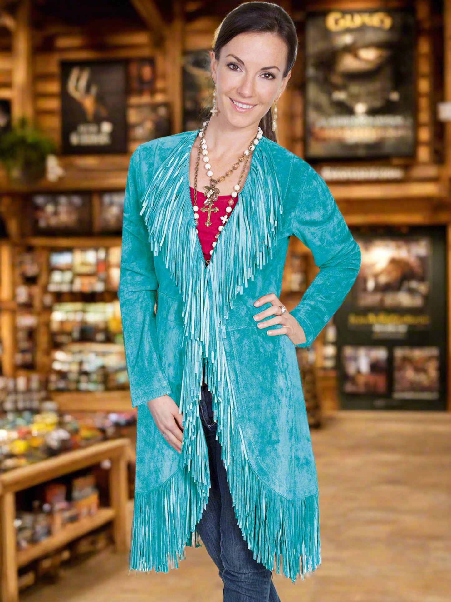 Dark Turquoise Suede Boar Fringe Maxi Coat by Scully in Size XS, S, M, L, XL, or XXL