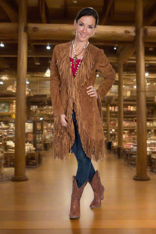 Cinnamon Suede Boar Fringe Maxi Coat by Scully in Size XS, S, M, L, XL, or XXL