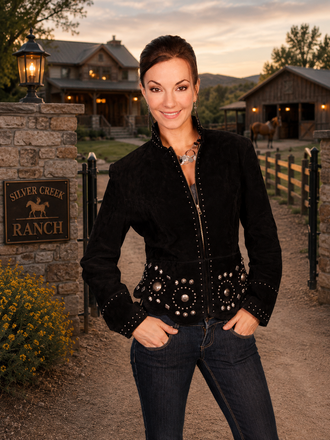 Suede Concho Jacket with Front Zipper Closure
