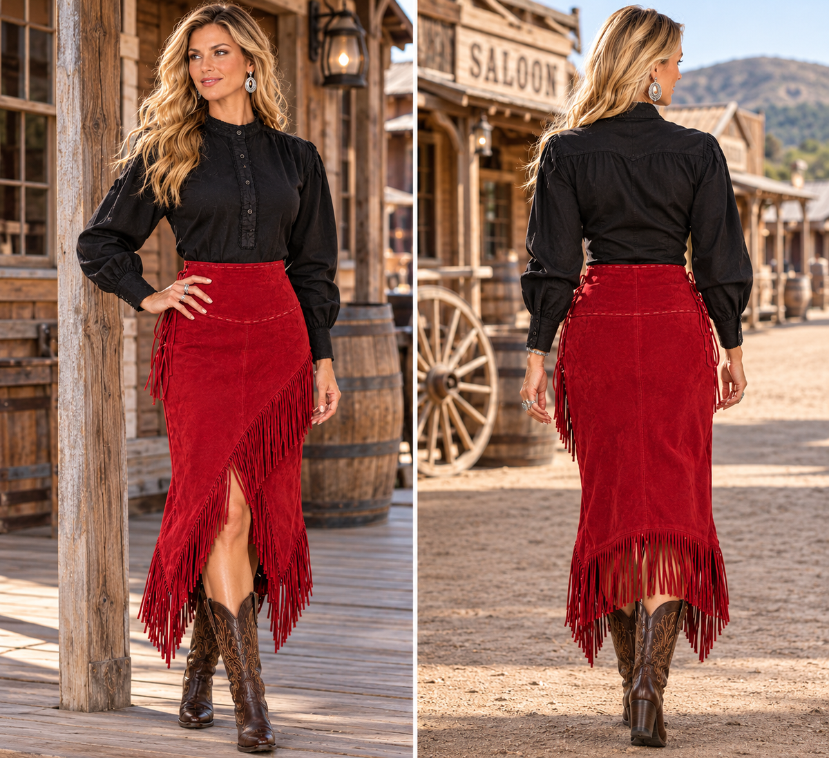 Red Long Suede Fringe Skirt