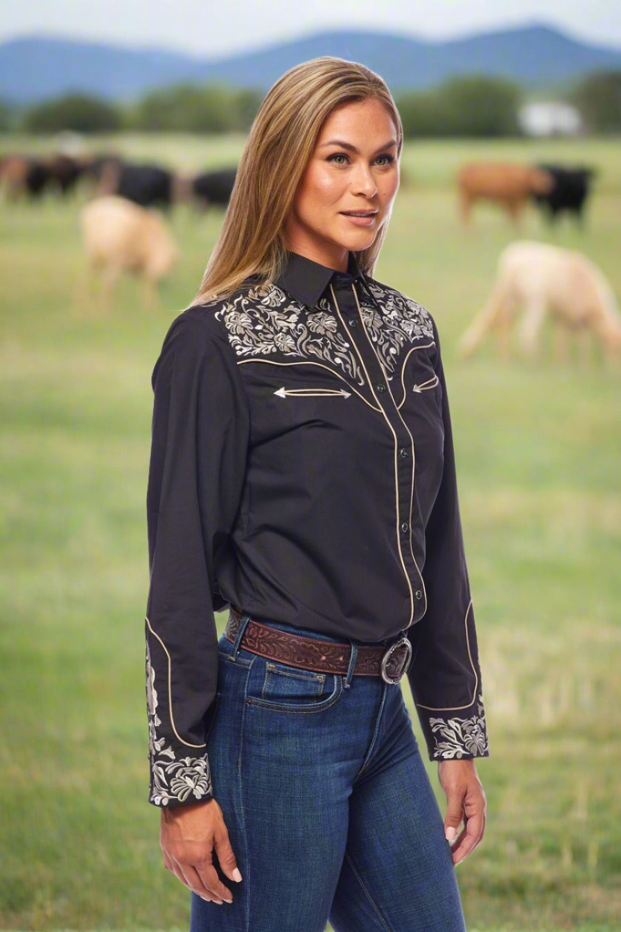 Champion Western Embroidered Shirt by Rodeo Clothing in Black and Pewter in Size S, M, L, XL, XXL