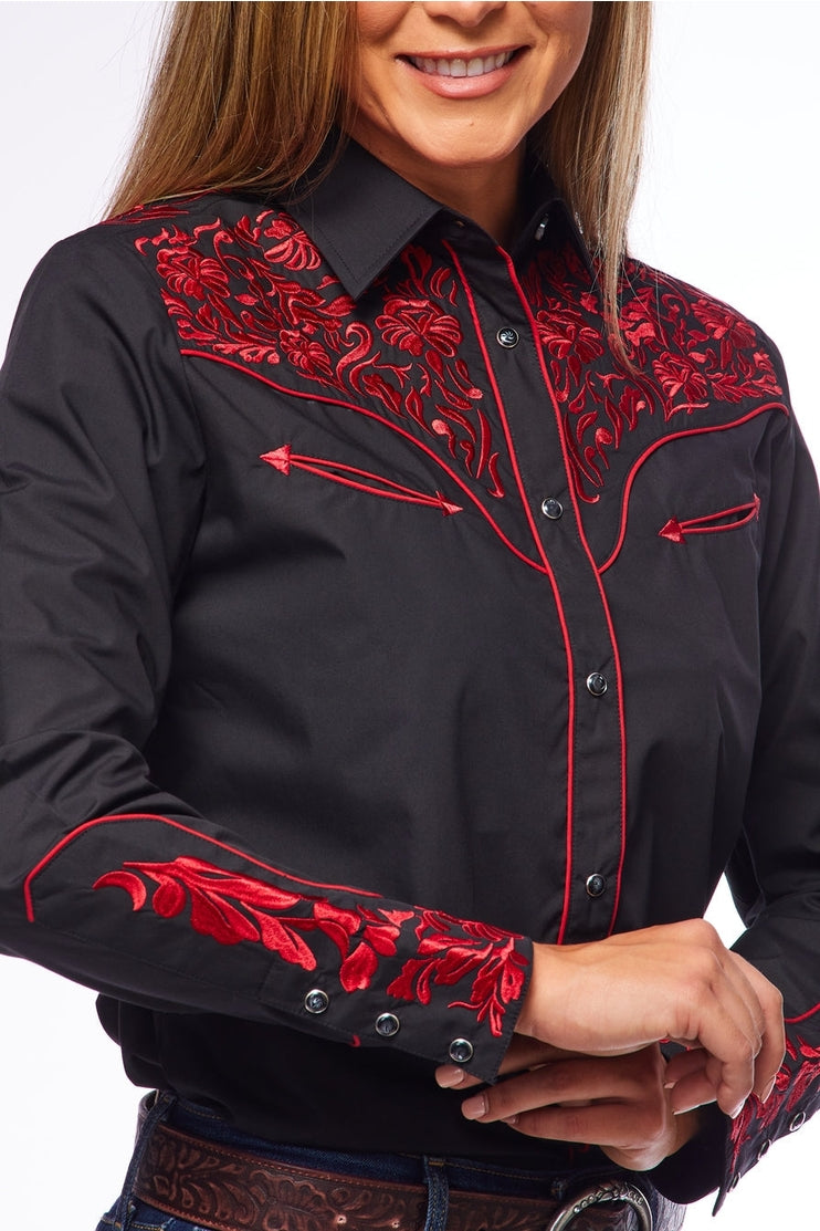 Champion Western Embroidered Shirt by Rodeo Clothing in Black and Crimson in Size S, M, L, XL, XXL