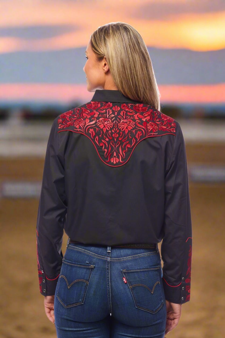 Champion Western Embroidered Shirt by Rodeo Clothing in Black and Crimson in Size S, M, L, XL, XXL