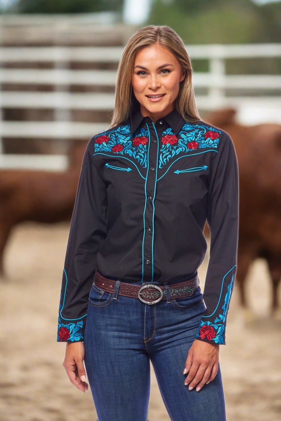 Champion Western Embroidered Shirt by Rodeo Clothing in Black, Blue, and Red in Size S, M, L, XL, XXL