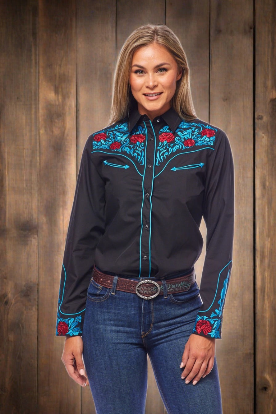 Champion Western Embroidered Shirt by Rodeo Clothing in Black, Blue, and Red in Size S, M, L, XL, XXL