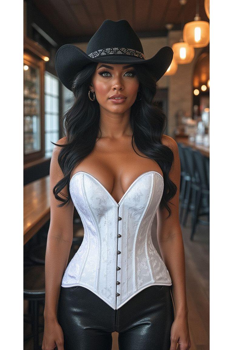 White Brocade Over Bust Corset with Busk Closure