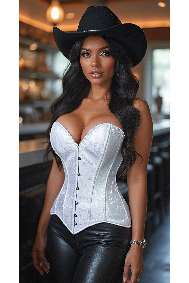 White Brocade Over Bust Corset with Busk Closure