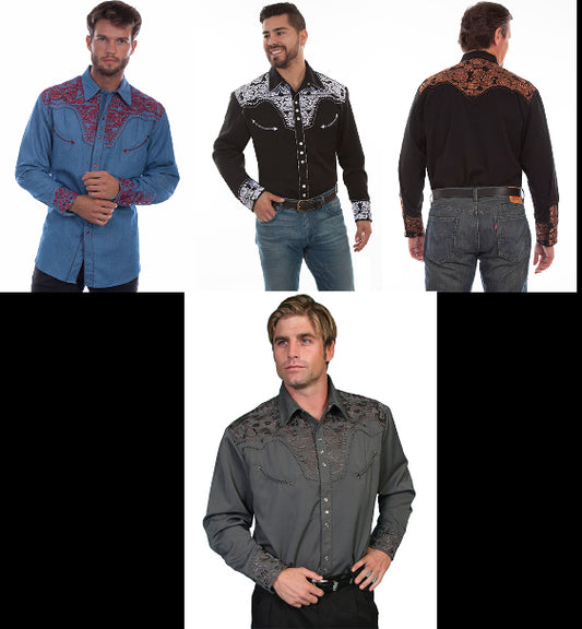 Legendary Scully Floral Tooled Men's Western Shirt in 4 Color Choices in Size XS, S, M, L, XL, 2X, 3X, or 4X