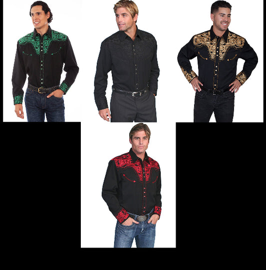 Legendary Scully Floral Tooled Men's Western Shirts in 4 Color Choices in Size XS, S, M, L, XL, 2X, 3X, or 4X