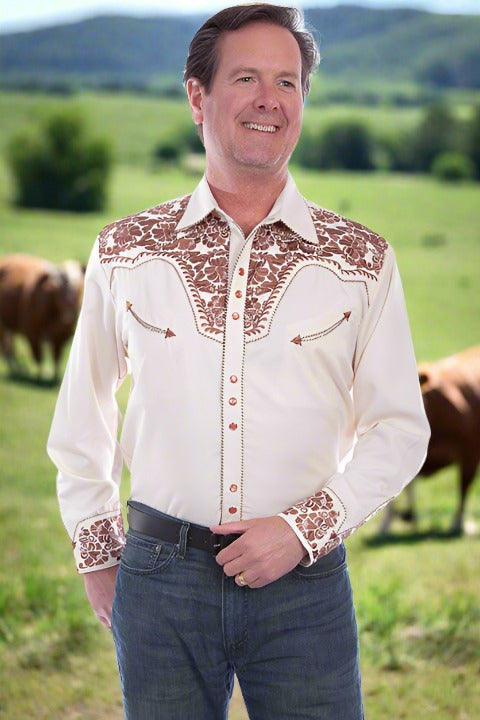 Legendary Scully Floral Tooled Men's Western Shirt in Size XS, S, M, L, XL, 2X, 3X, or 4X