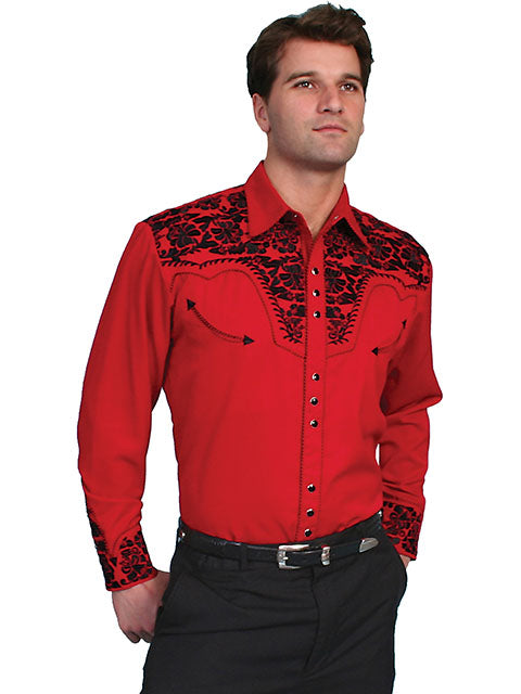 Legendary Scully Red Floral Tooled Men's Western Shirt in Size XS, S, M, L, XL, 2X, 3X, or 4X