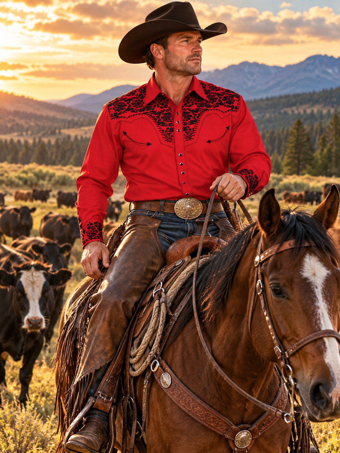 Red Floral Tooled Western Shirt