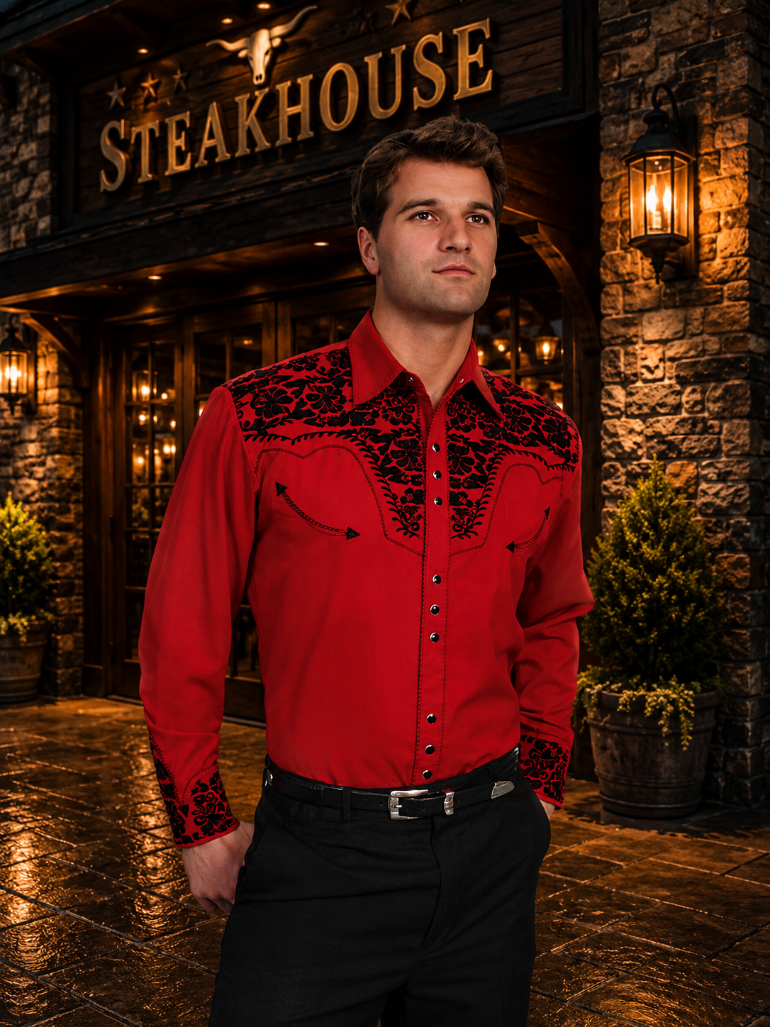 Red Floral Tooled Men's Western Shirt