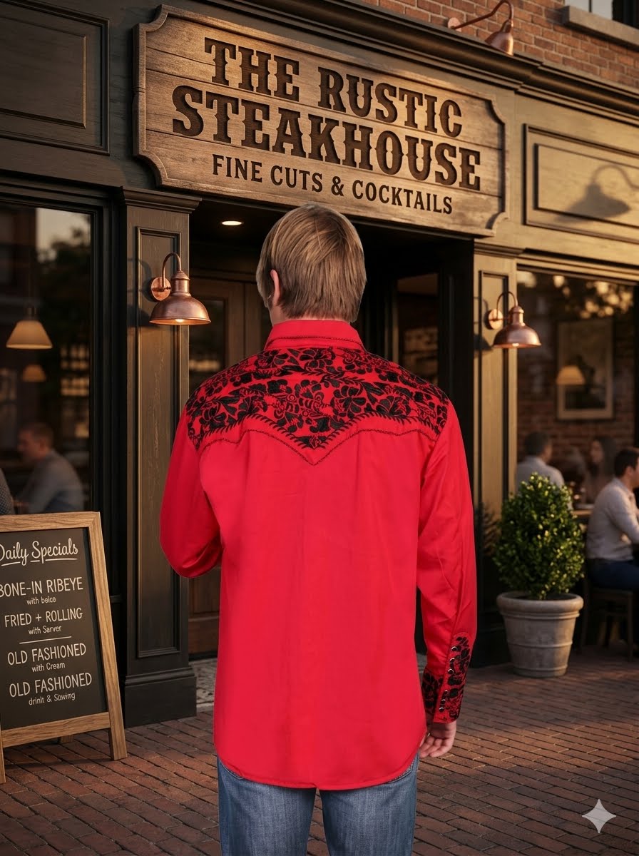 Red Floral Tooled Men's Western Shirt