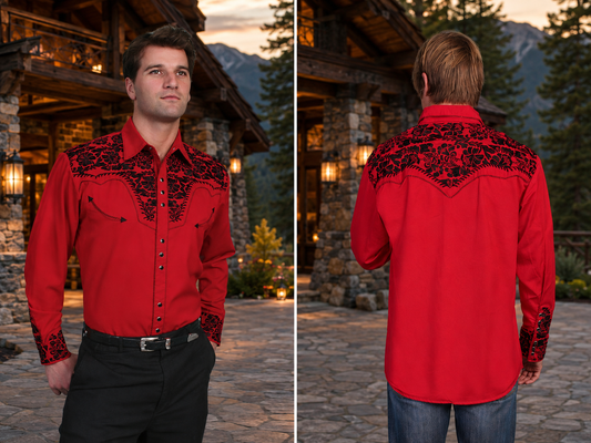 Red Floral Tooled Men's Western Shirt