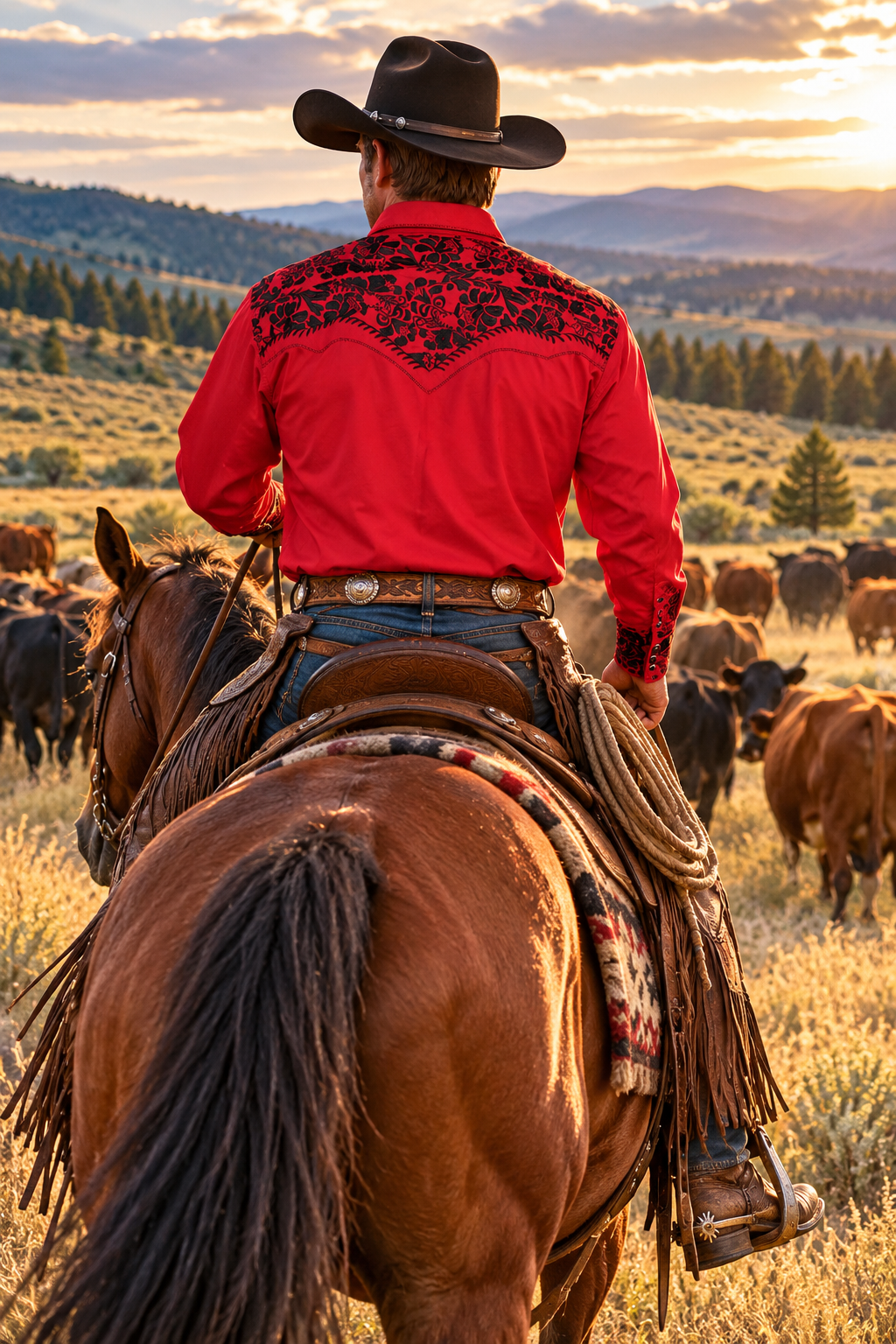 Red Floral Tooled Western Shirt