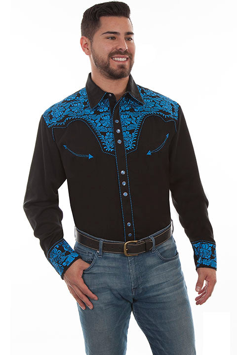 Legendary Scully Royal Blue Floral Tooled Men's Western Shirt in Size XS, S, M, L, XL, 2X, 3X, or 4X