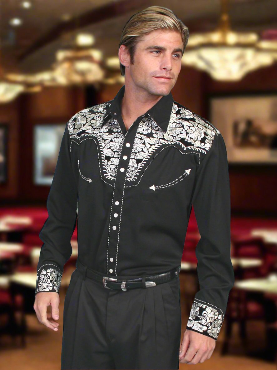 Legendary Scully Silver Floral Tooled Men's Western Shirt in Size XS, S, M, L, XL, 2X, 3X, or 4X