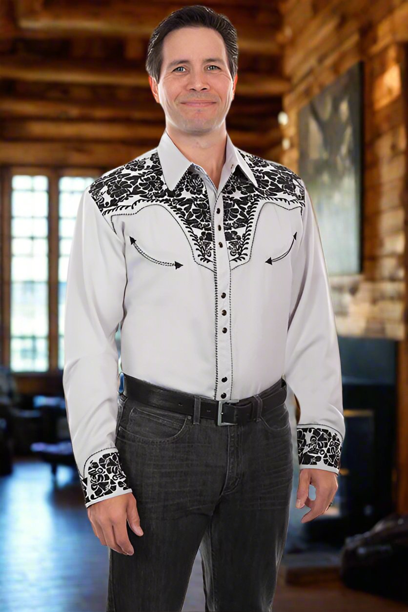 Legendary Scully Steel Floral Tooled Men's Western Shirt in Size XS, S, M, L, XL, 2X, 3X, or 4X