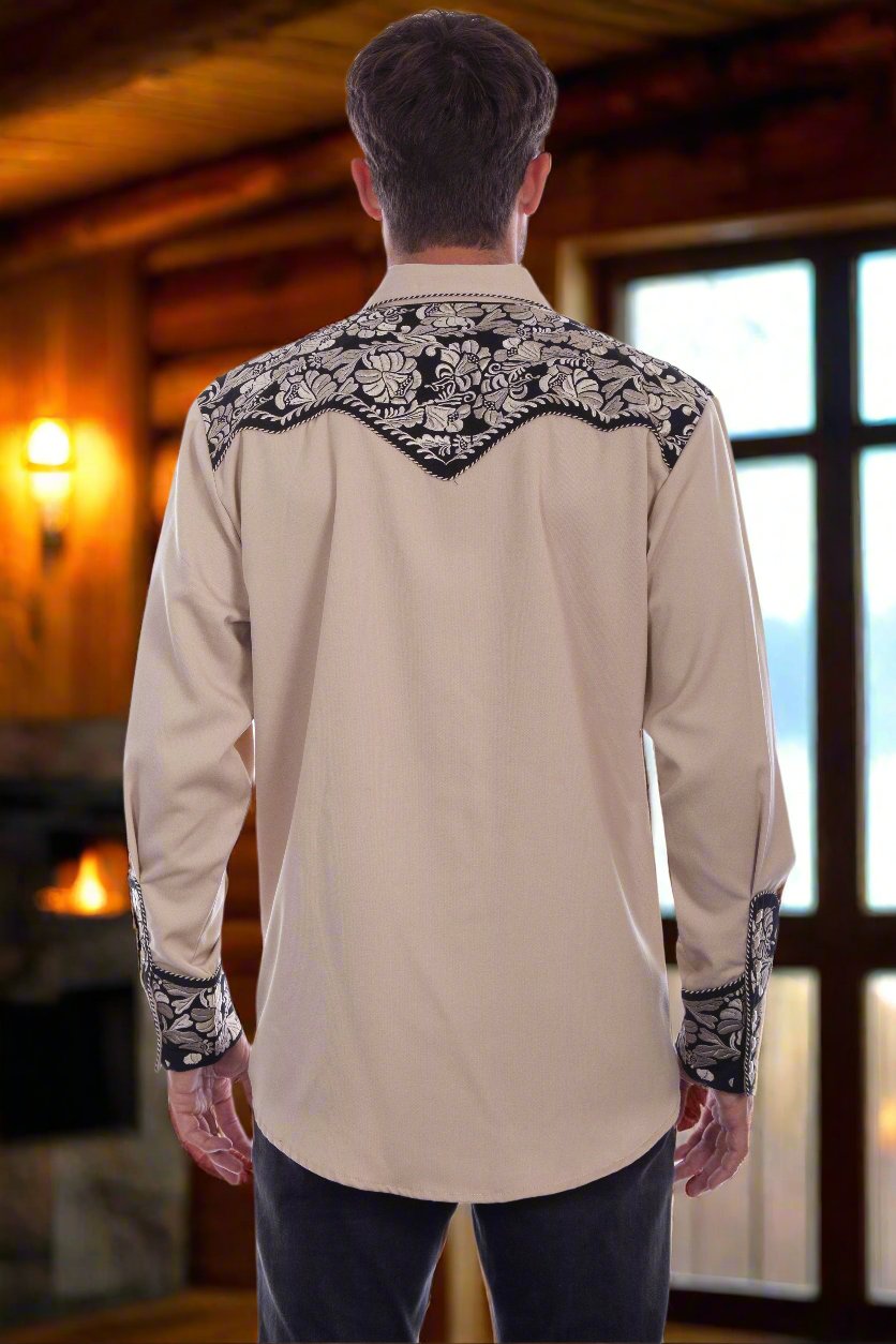 Legendary Scully Tan Floral Tooled Men's Western Shirt in Size XS, S, M, L, XL, 2X, 3X, or 4X