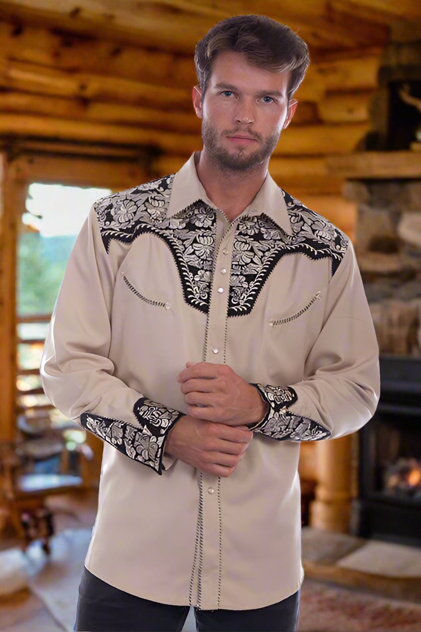 Legendary Scully Tan Floral Tooled Men's Western Shirt in Size XS, S, M, L, XL, 2X, 3X, or 4X