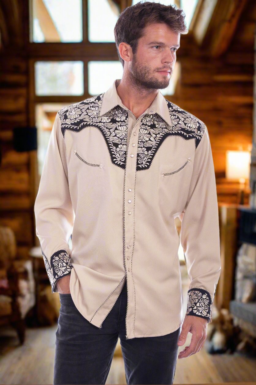 Legendary Scully Tan Floral Tooled Men's Western Shirt in Size XS, S, M, L, XL, 2X, 3X, or 4X