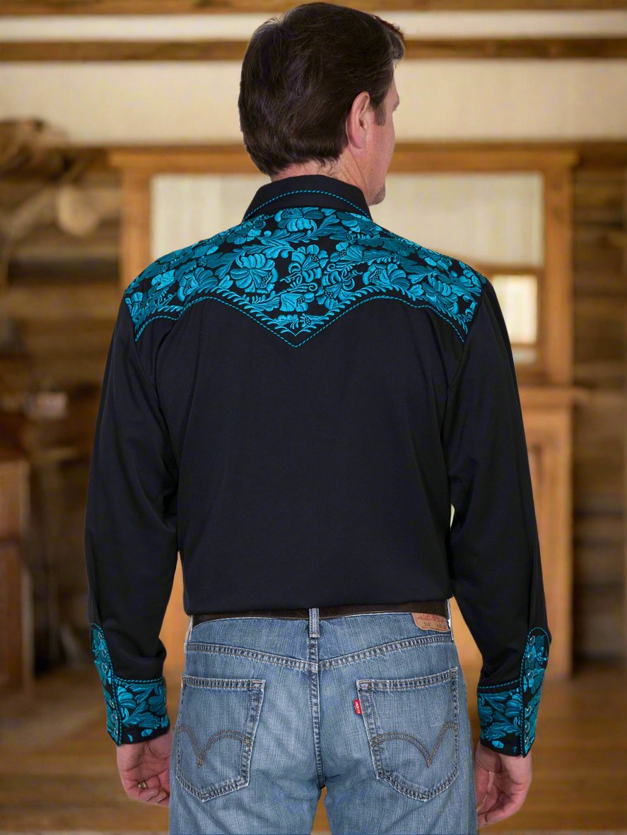 Legendary Scully Turquoise Floral Tooled Men's Western Shirt in Size XS, S, M, L, XL, 2X, 3X, or 4X