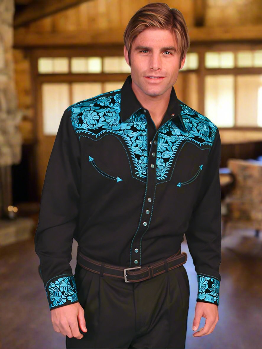 Legendary Scully Turquoise Floral Tooled Men's Western Shirt in Size XS, S, M, L, XL, 2X, 3X, or 4X