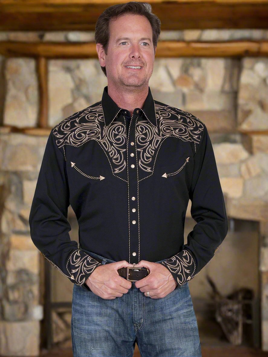 Legendary Scully Floral Tooled Men's Black Western Shirt in Size XS, S, M, L, XL, 2X, 3X, or 4X