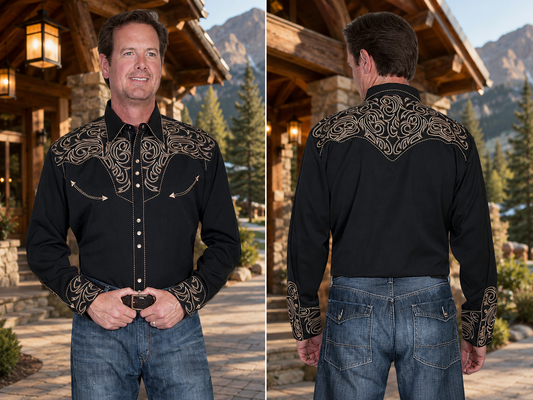 Floral Tooled Men's Black Western Shirt