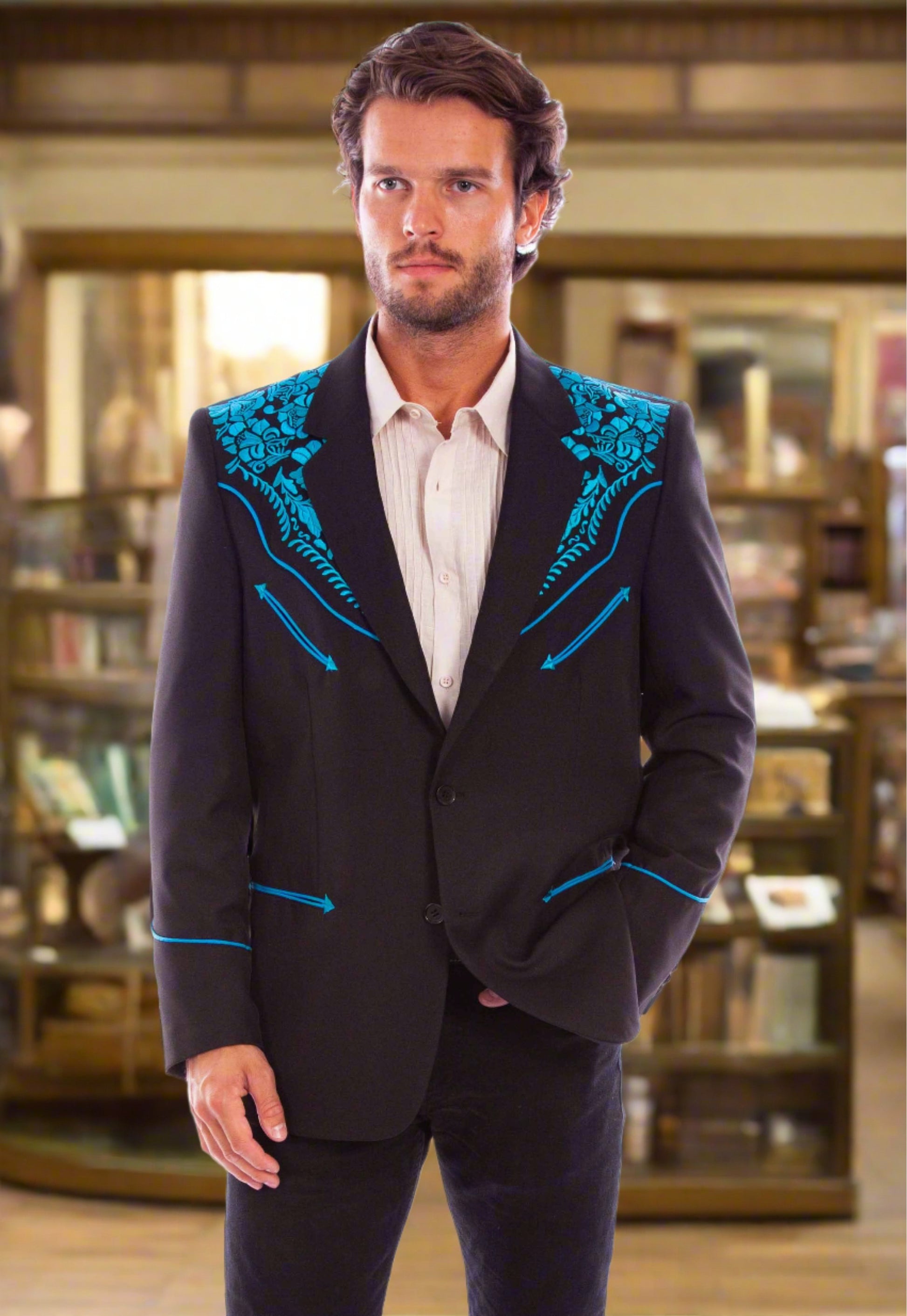 Black / Turquoise Legendary Western Embroidered Blazer by Scully in Size 38 - 56 Long Sizes Available