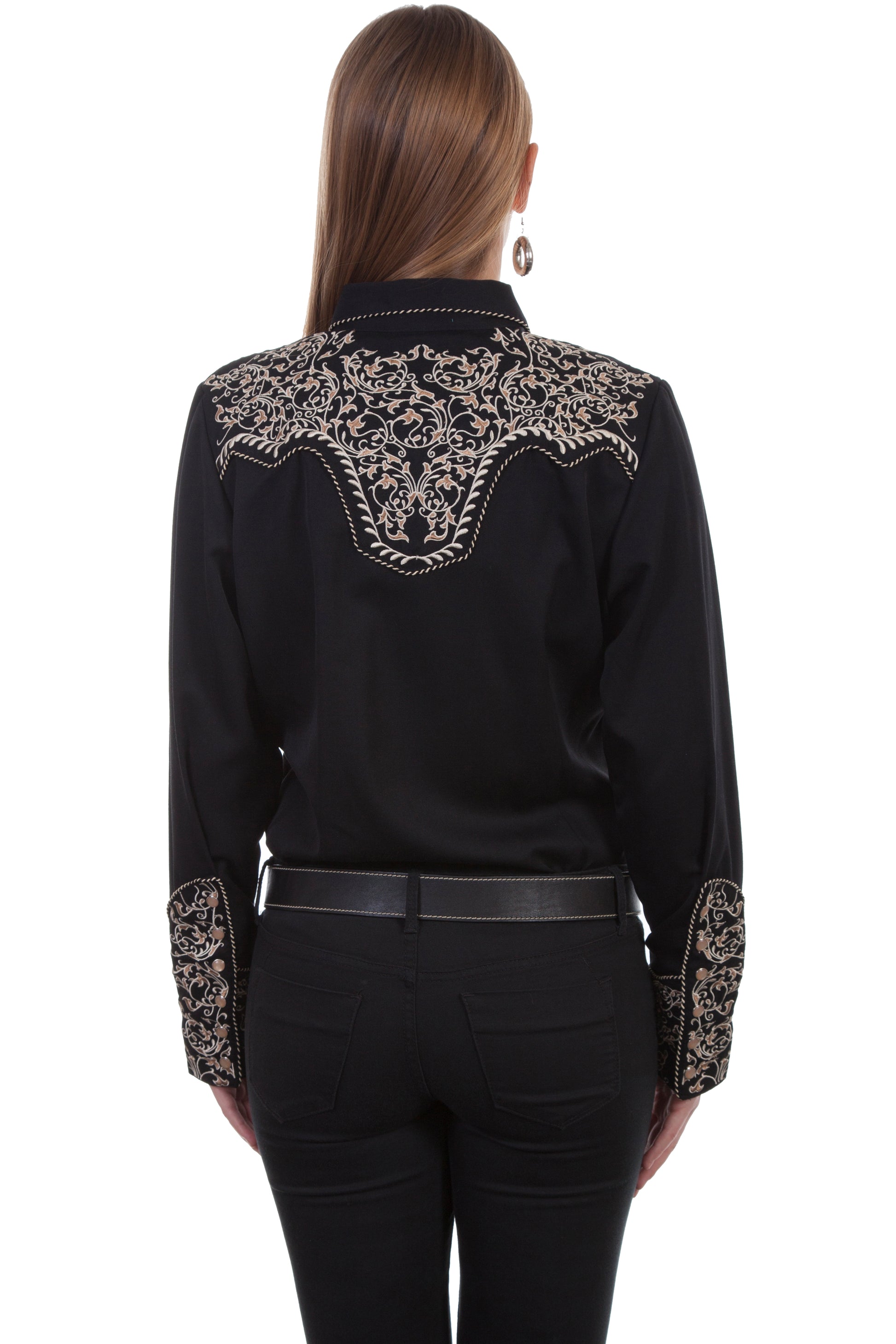 Warrior Blouse in Black with Two Tone Scroll Embroidery by Scully in Size XS, S, M, L, XL, or XXL