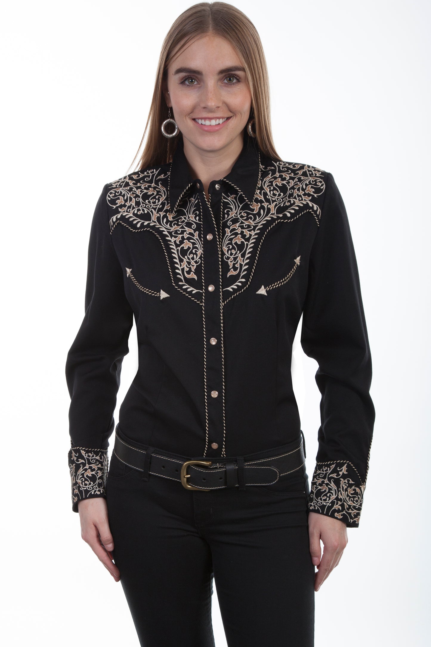 Warrior Blouse in Black with Two Tone Scroll Embroidery by Scully in Size XS, S, M, L, XL, or XXL